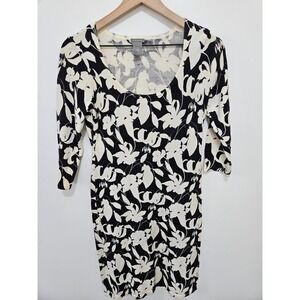 Ann Taylor Black Cream Floral Knit Sheath Dress 3/4 Sleeve Mercerized Cotton S